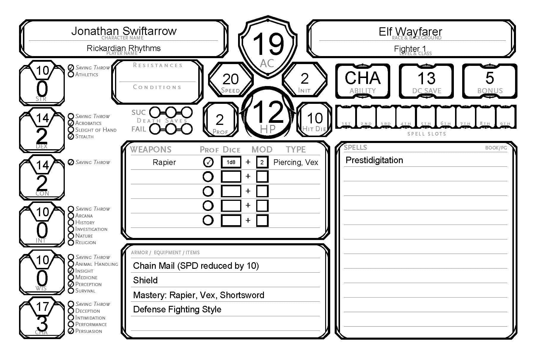 Image of a character sheet for an Elf Fighter