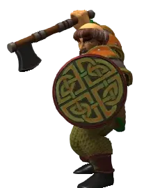 Image of a painted miniature of a dwarf with a runic shield, from Titanforge. 