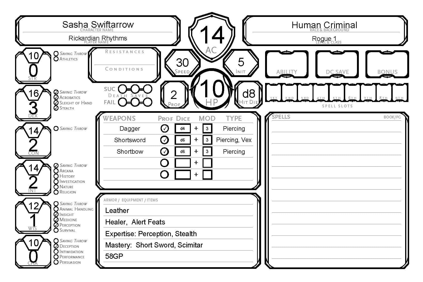 Image of a character sheet for a Human Rogue